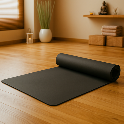Tapis de yoga noir déroulé dans un espace zen avec un sol en bois