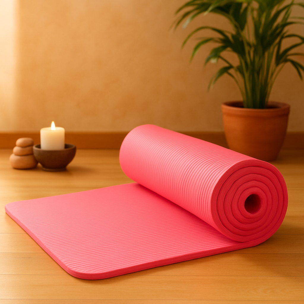 Tapis de yoga rose épais dans un espace lumineux avec un sol en bois