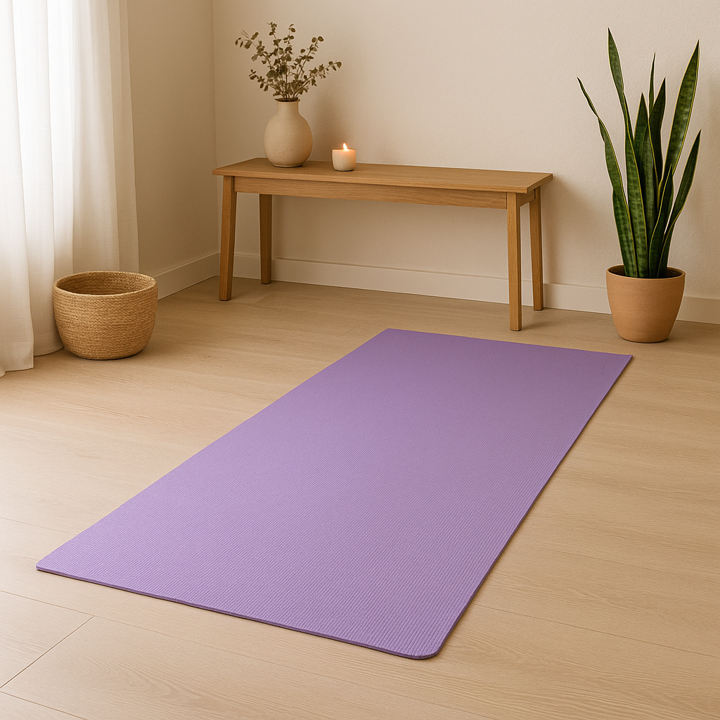 Tapis de yoga violet 6 mm totalement déroulé dans une maison apaisante