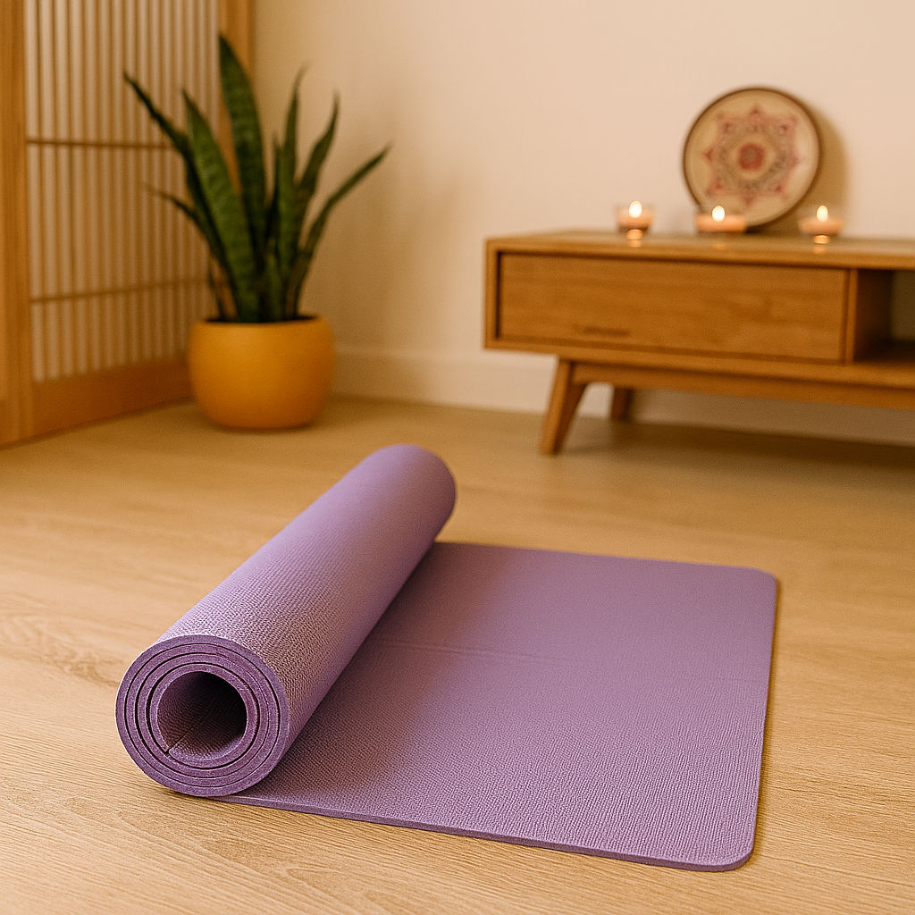Tapis de yoga violet 6 mm déroulé dans un intérieur apaisant